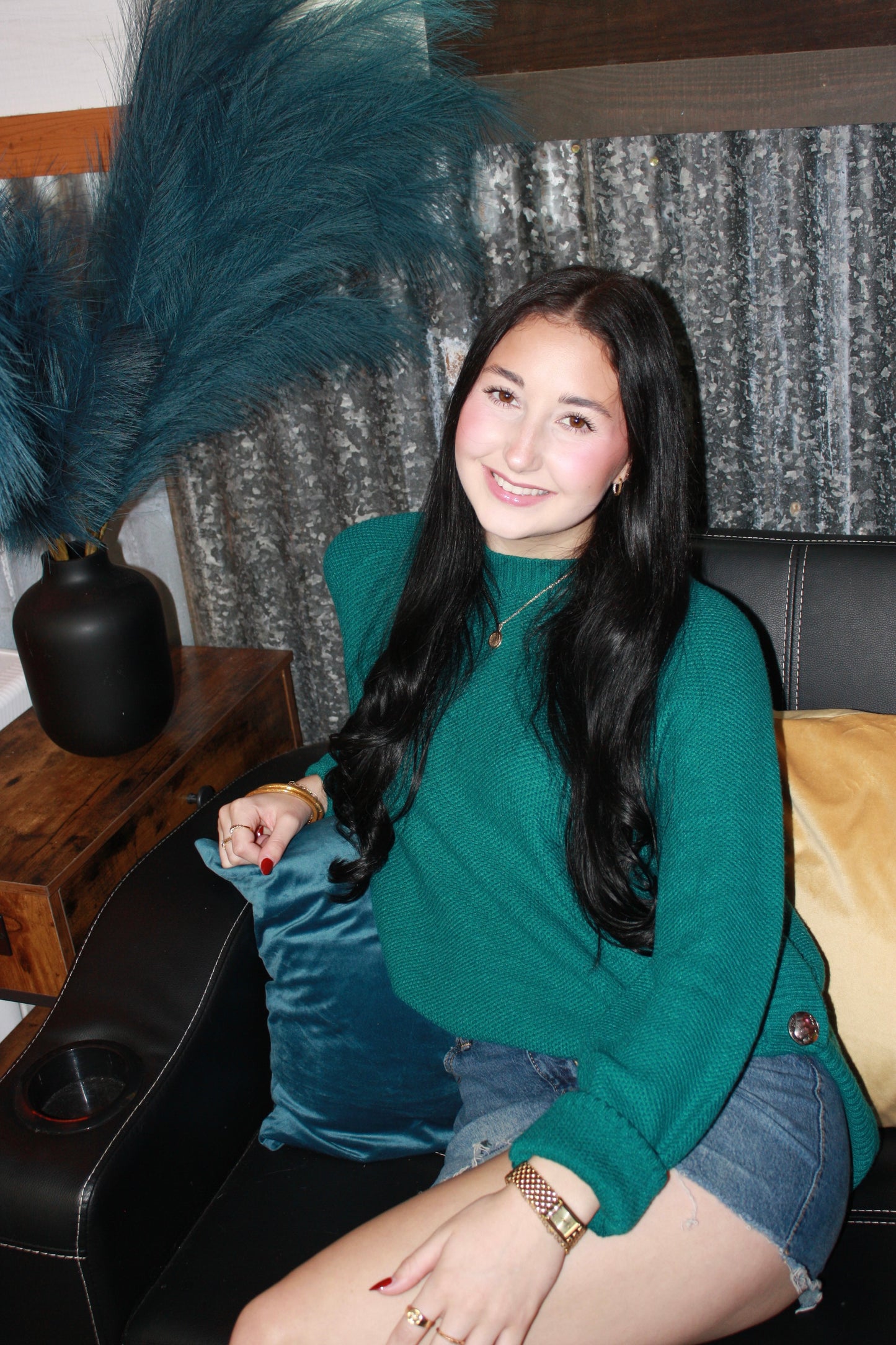 Jade Knitted Round Hem Sweater Button Detail