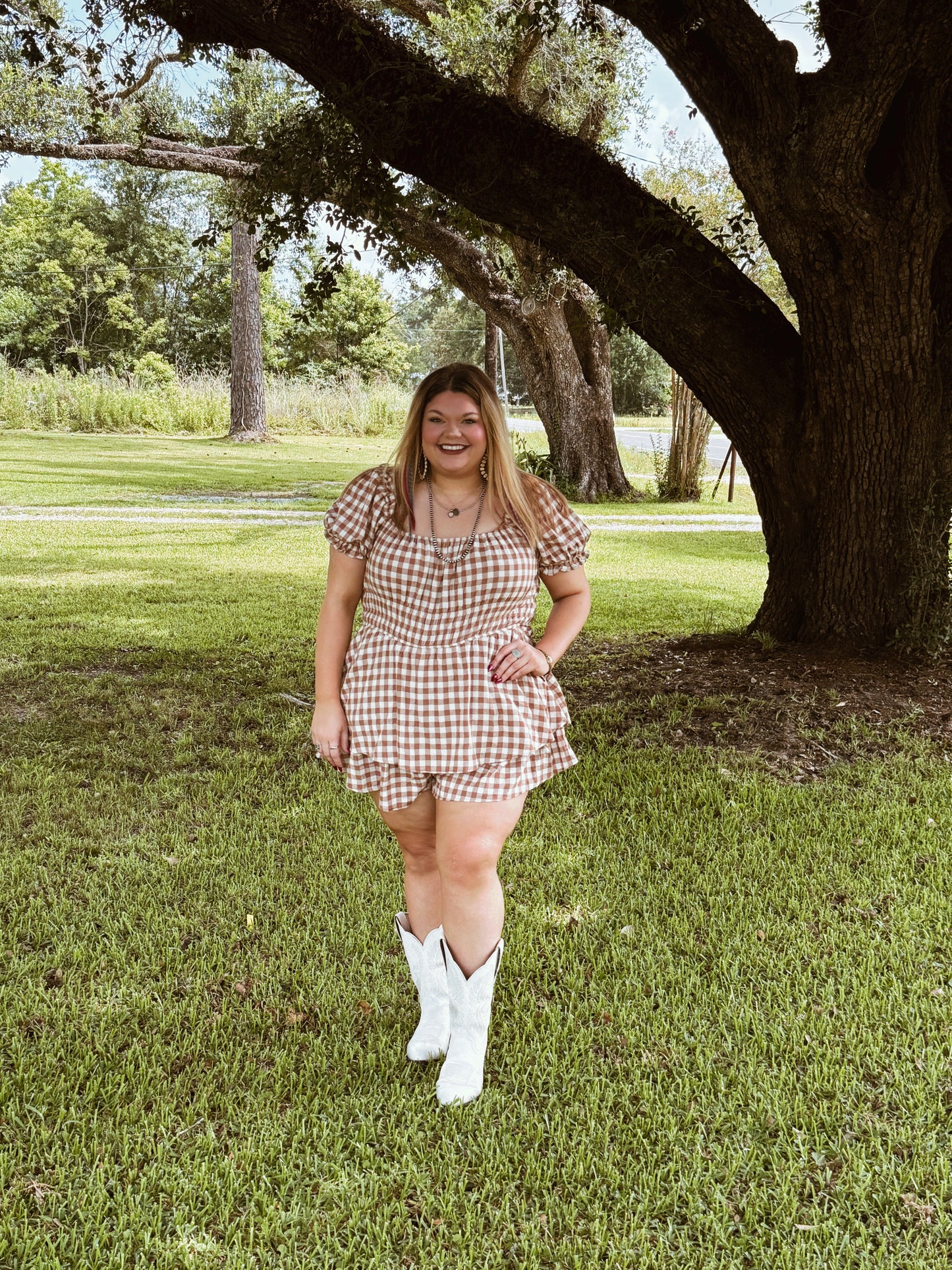 GINGHAM PRINT PUFF SLEEVE ROMPER