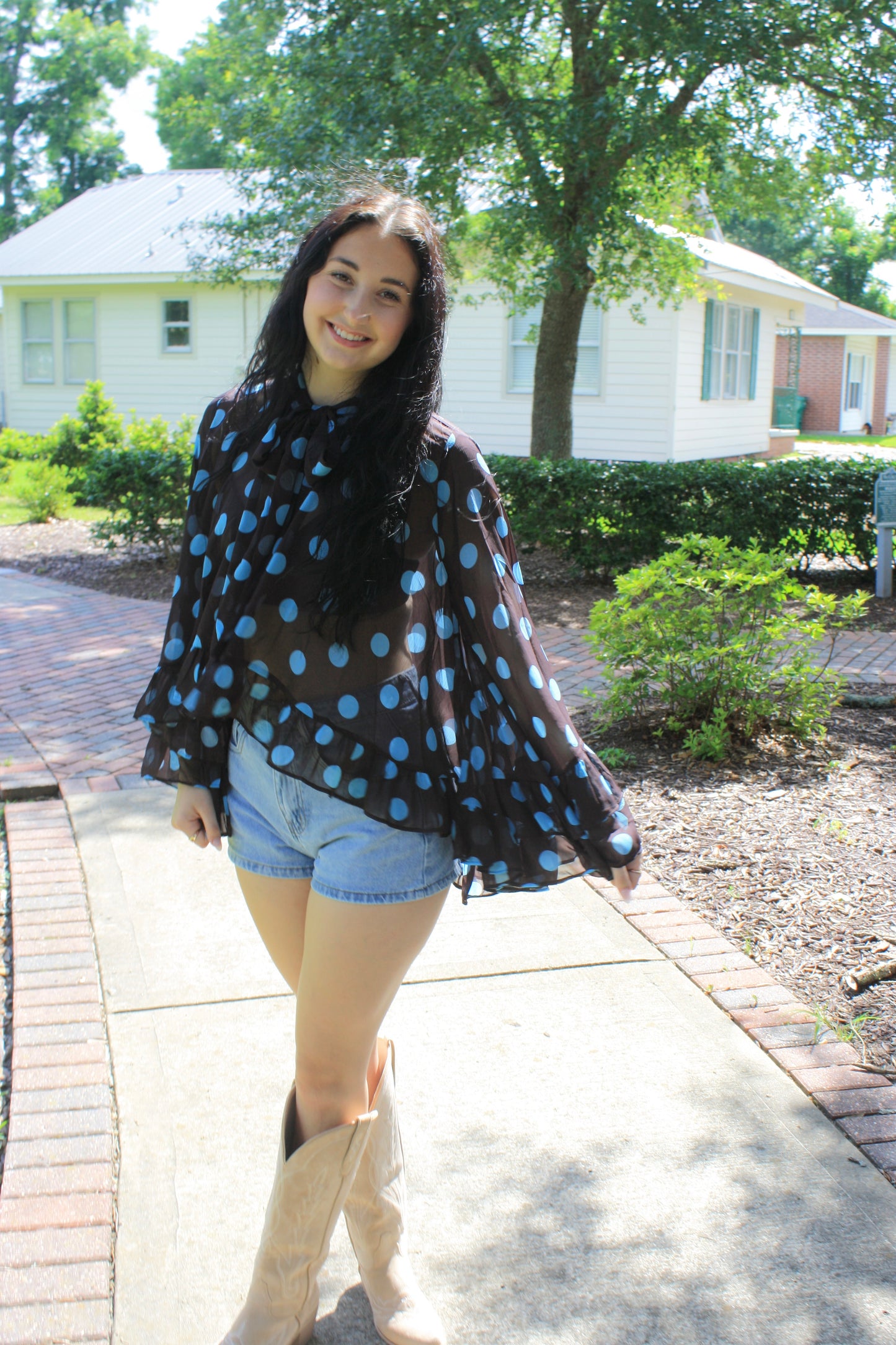 Plus Polka Dot Sheer Chiffon Ruffle Blouse