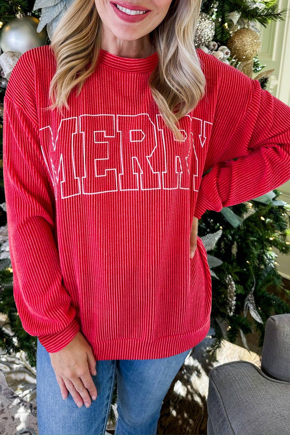 Twisted Rib Outlined Merry Letter Graphic christma Top(S-4X)