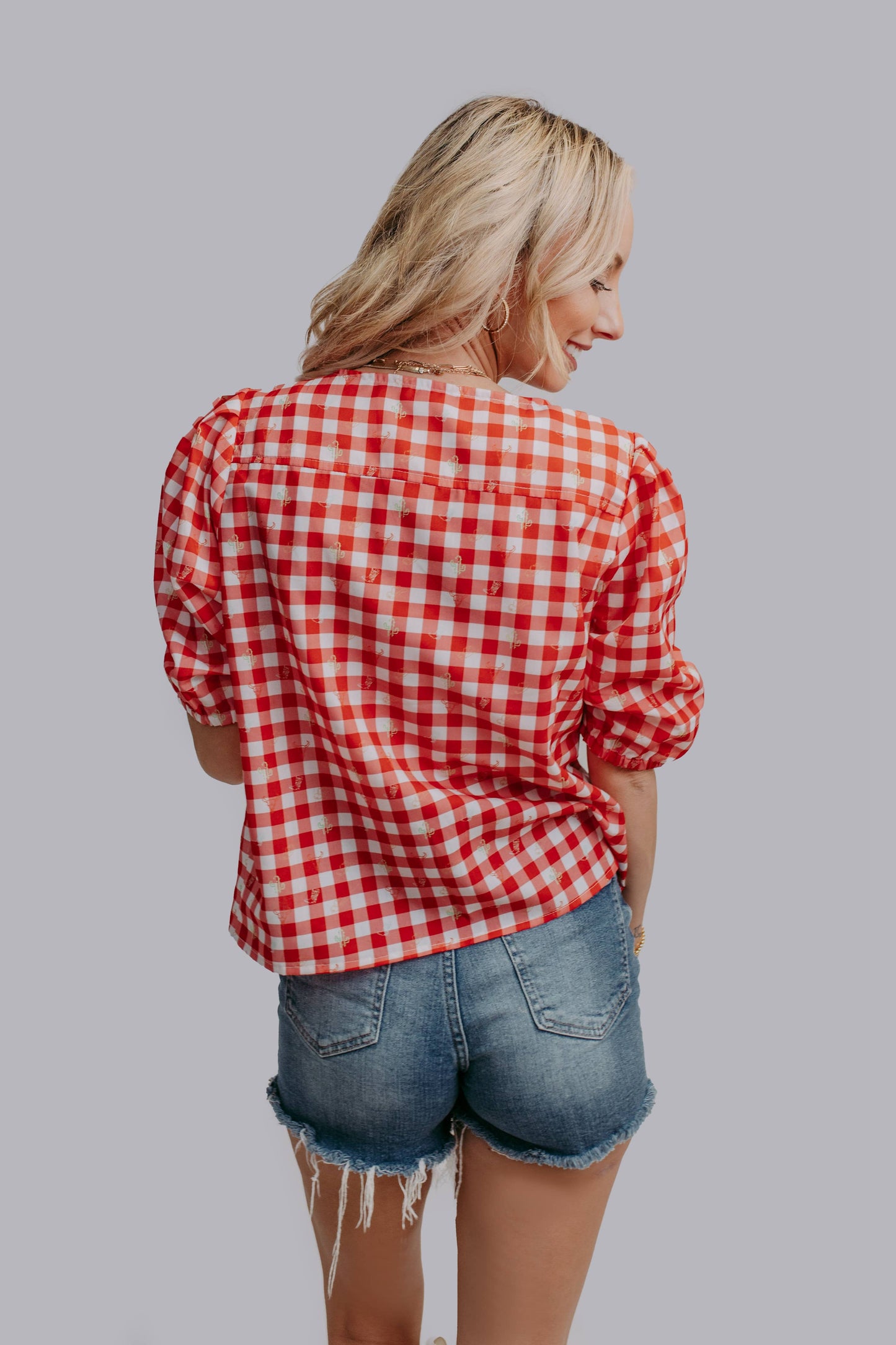 Plaid Front Tie Blouse: Red Plaid
