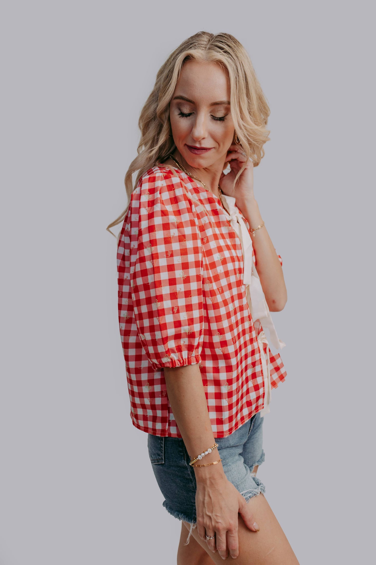 Plaid Front Tie Blouse: Red Plaid
