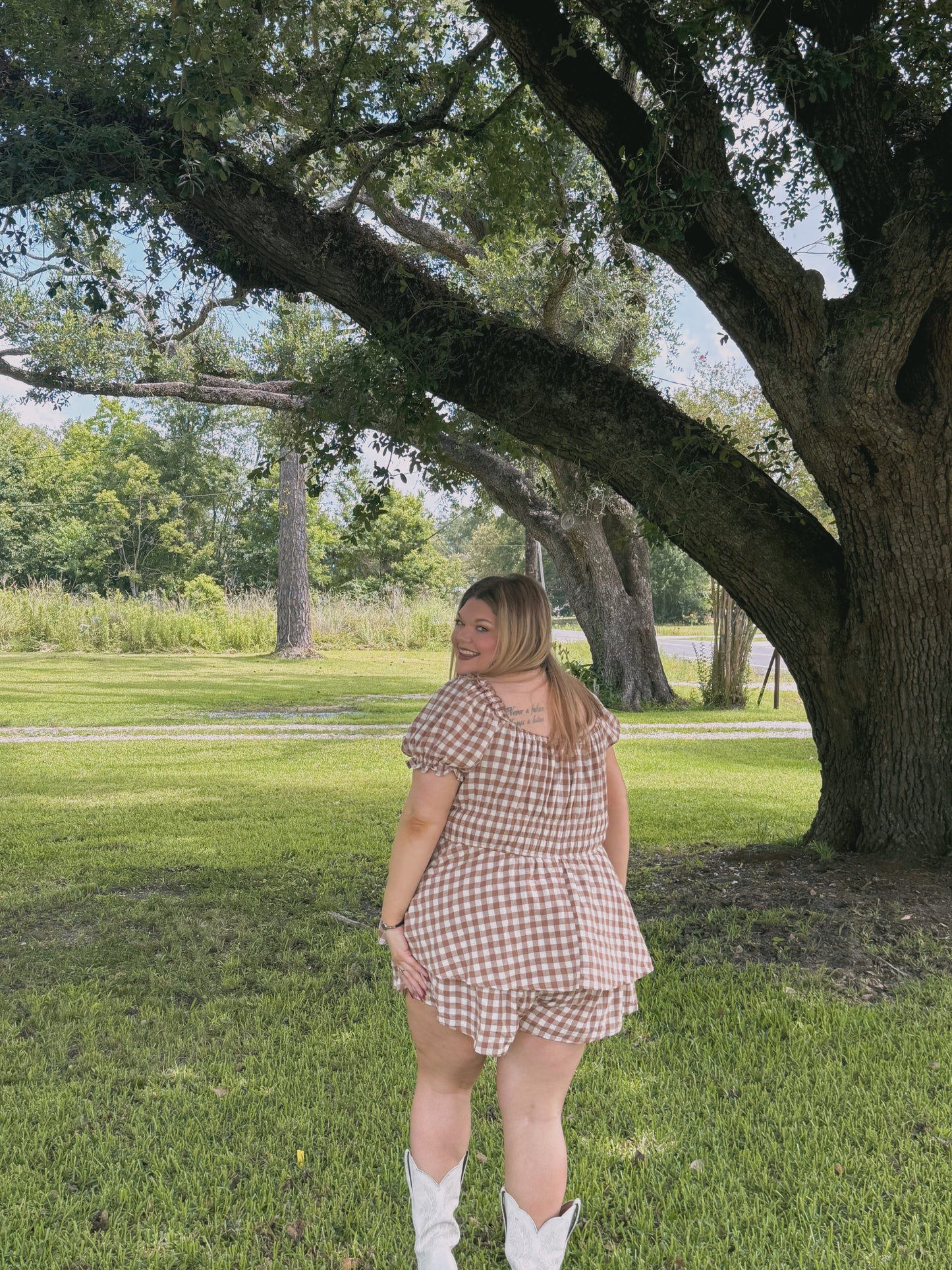 GINGHAM PRINT PUFF SLEEVE ROMPER