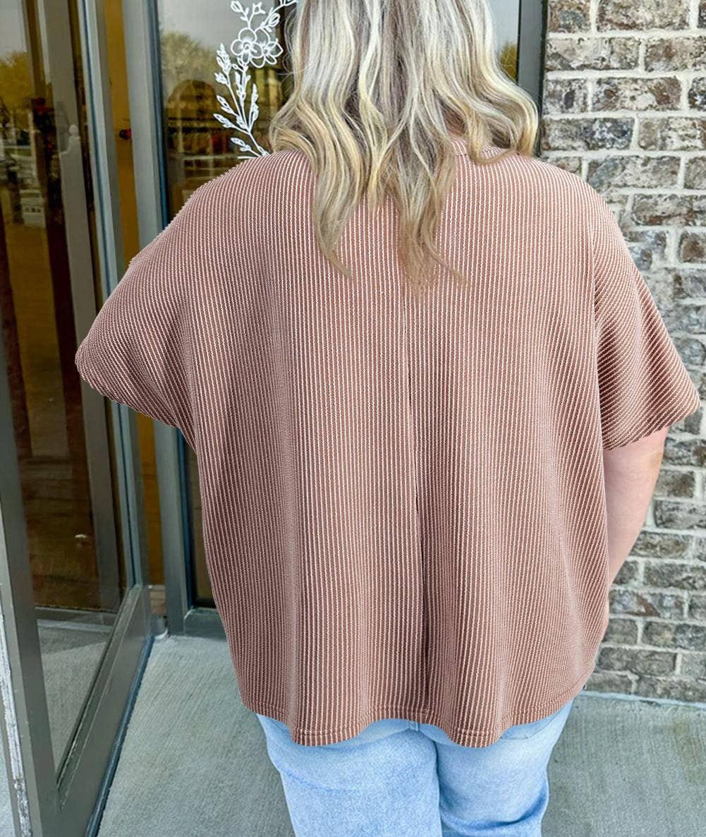 Ribbed Striped Crew Neck Plus Size Knit T Shirt