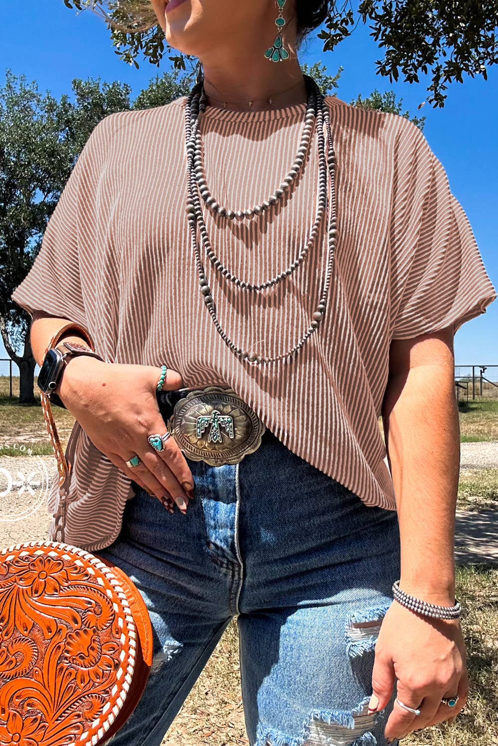 Ribbed Striped Crew Neck Plus Size Knit T Shirt