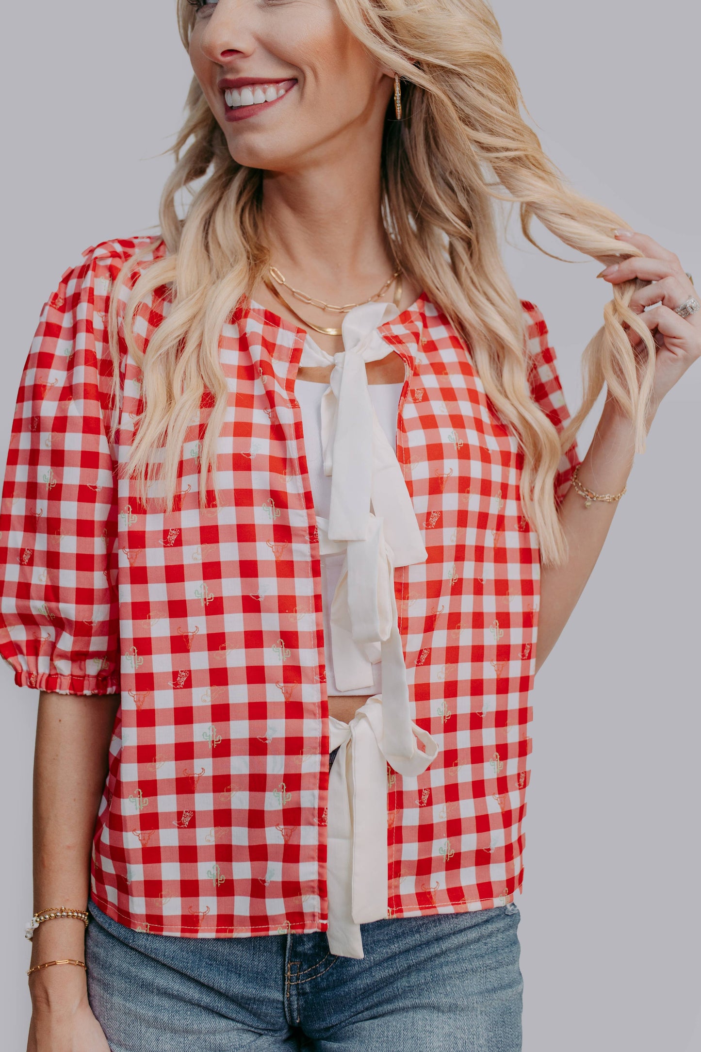 Plaid Front Tie Blouse: Red Plaid