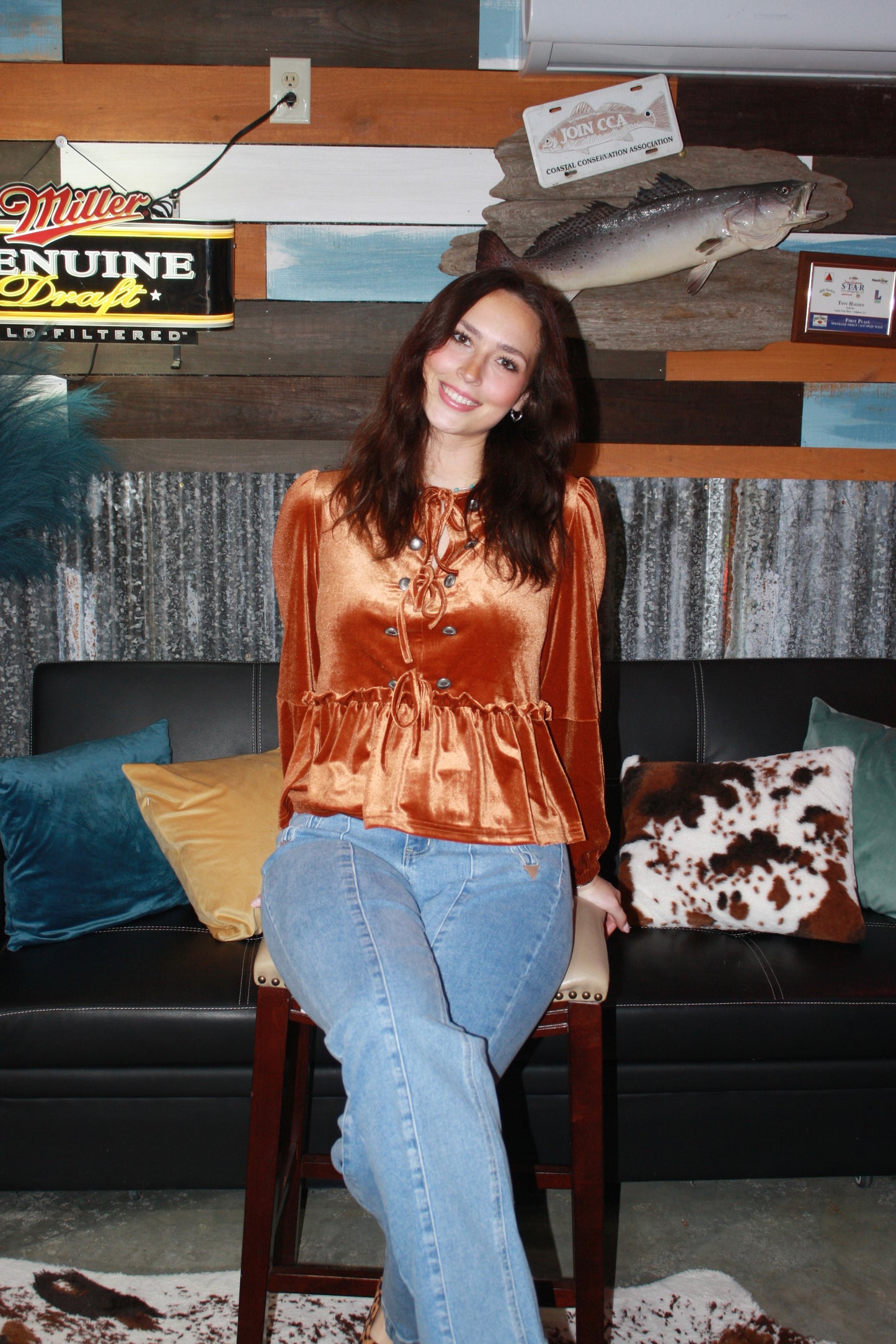 Rust velvet long sleeve peplum top, bow ties & conchos