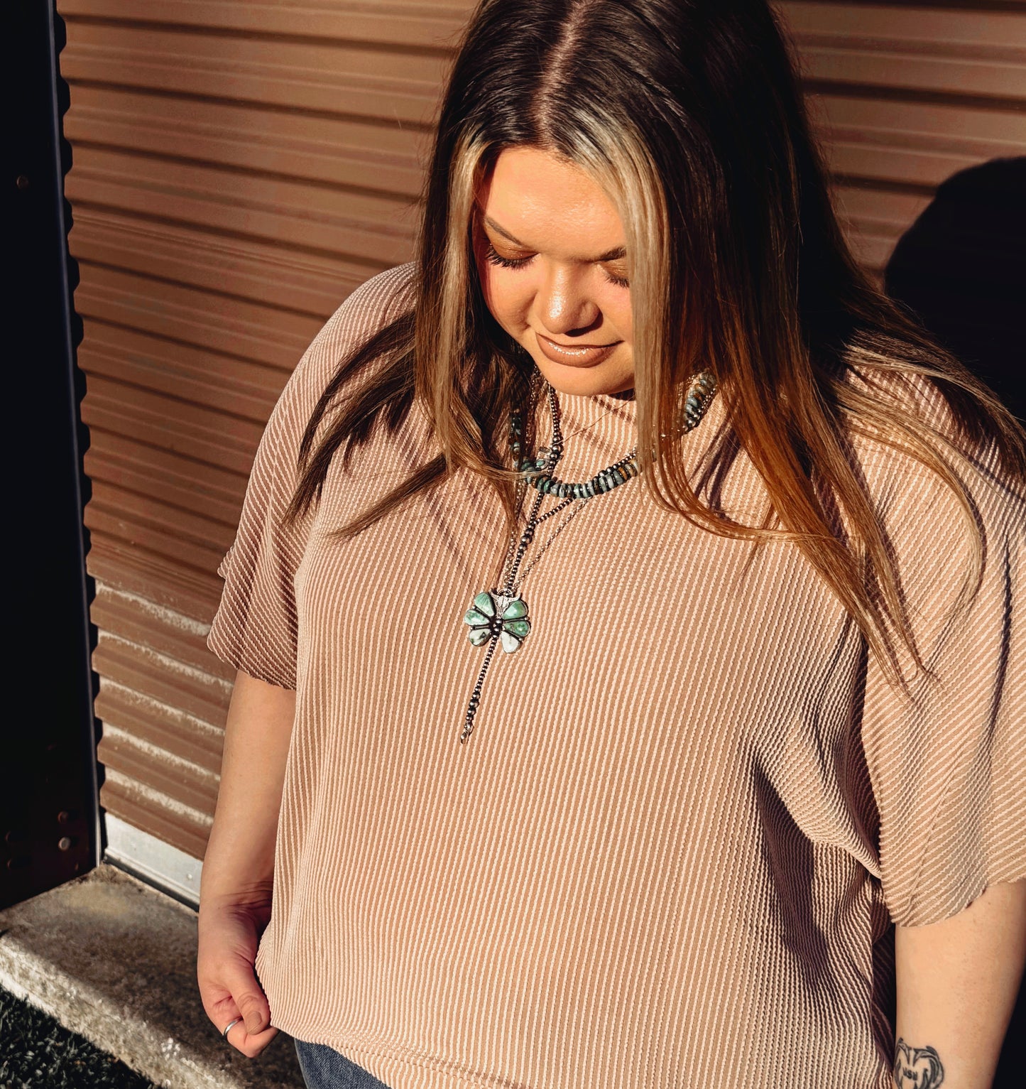 Ribbed Striped Crew Neck Plus Size Knit T Shirt