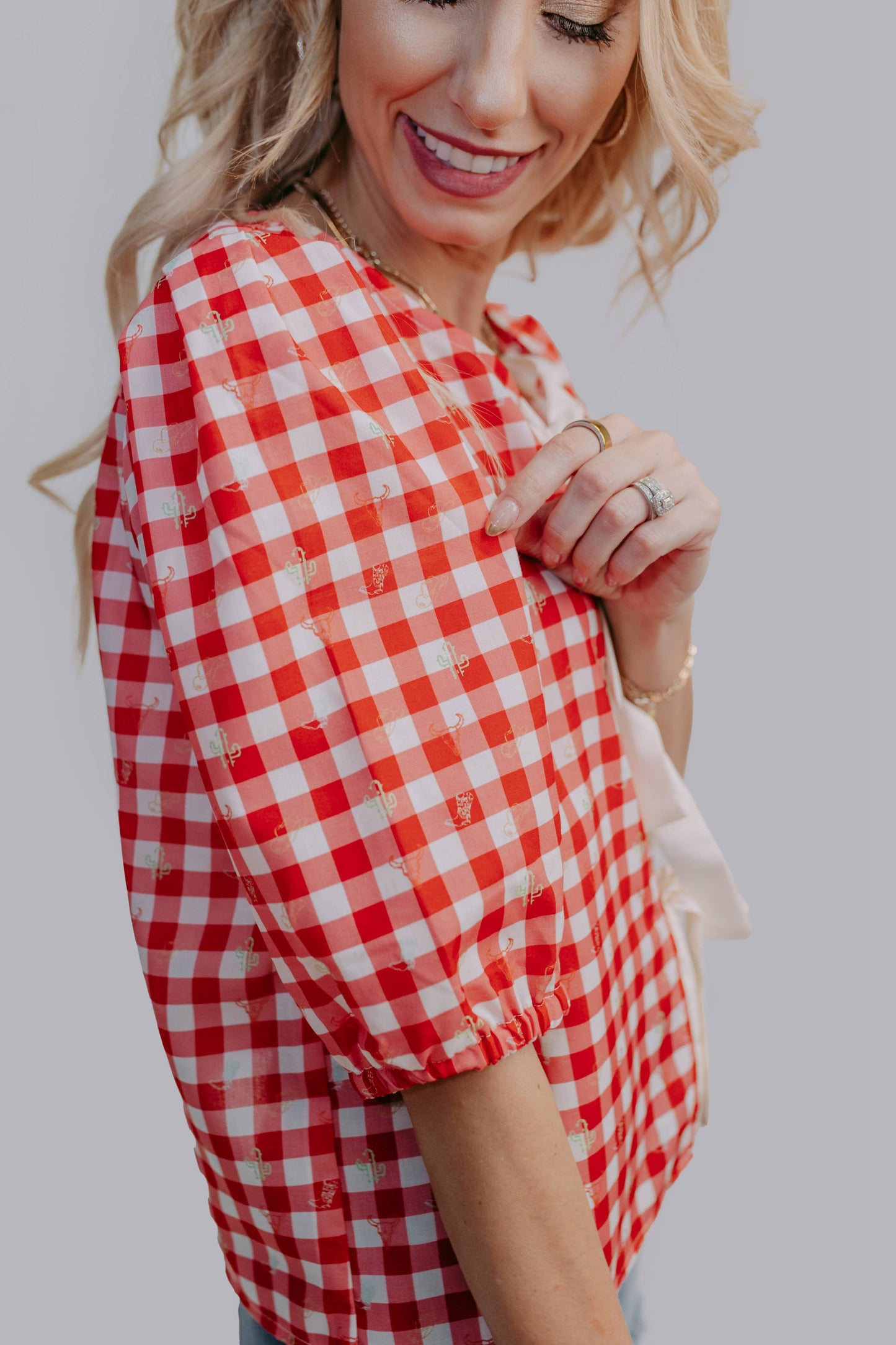Plaid Front Tie Blouse: Red Plaid