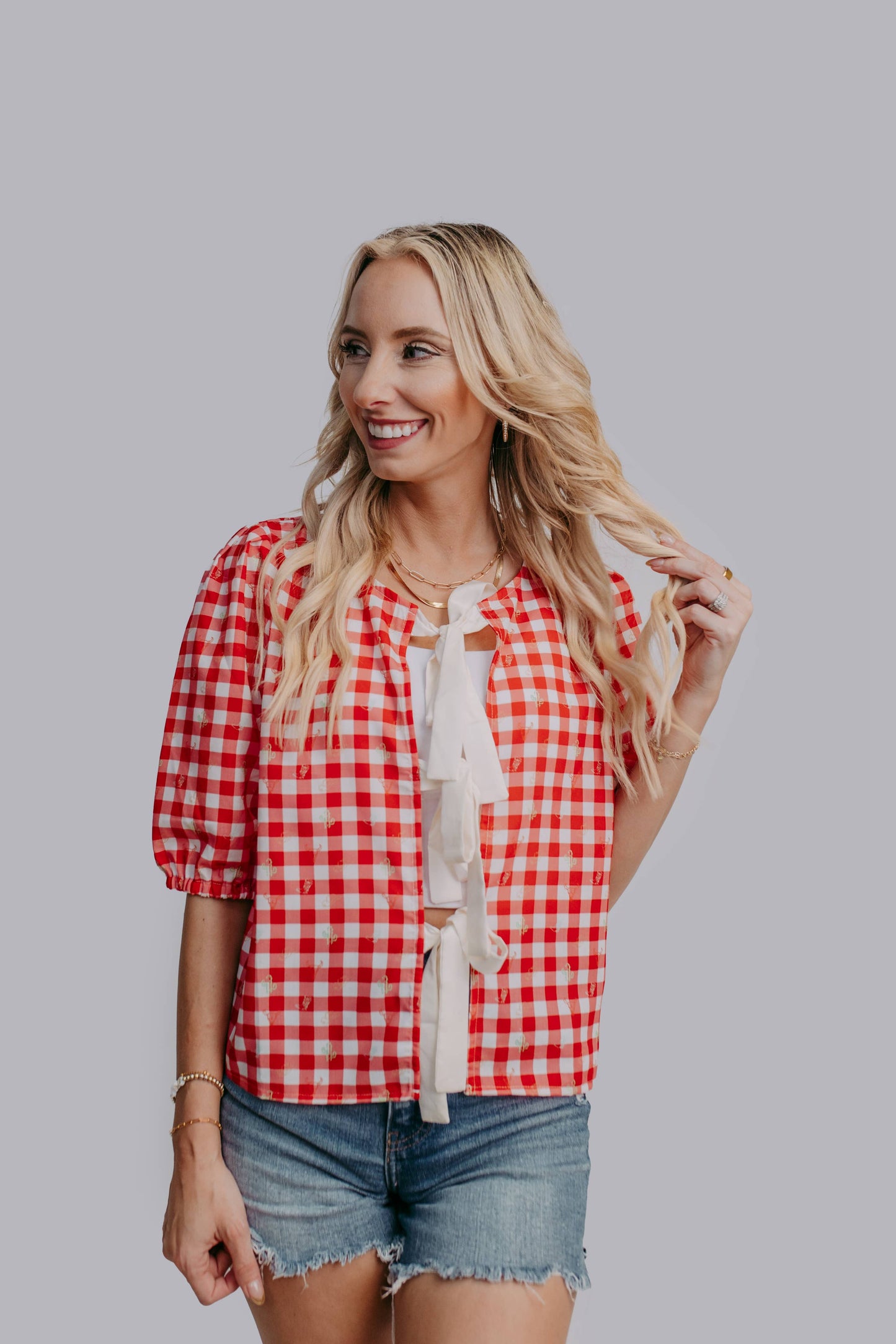 Plaid Front Tie Blouse: Red Plaid