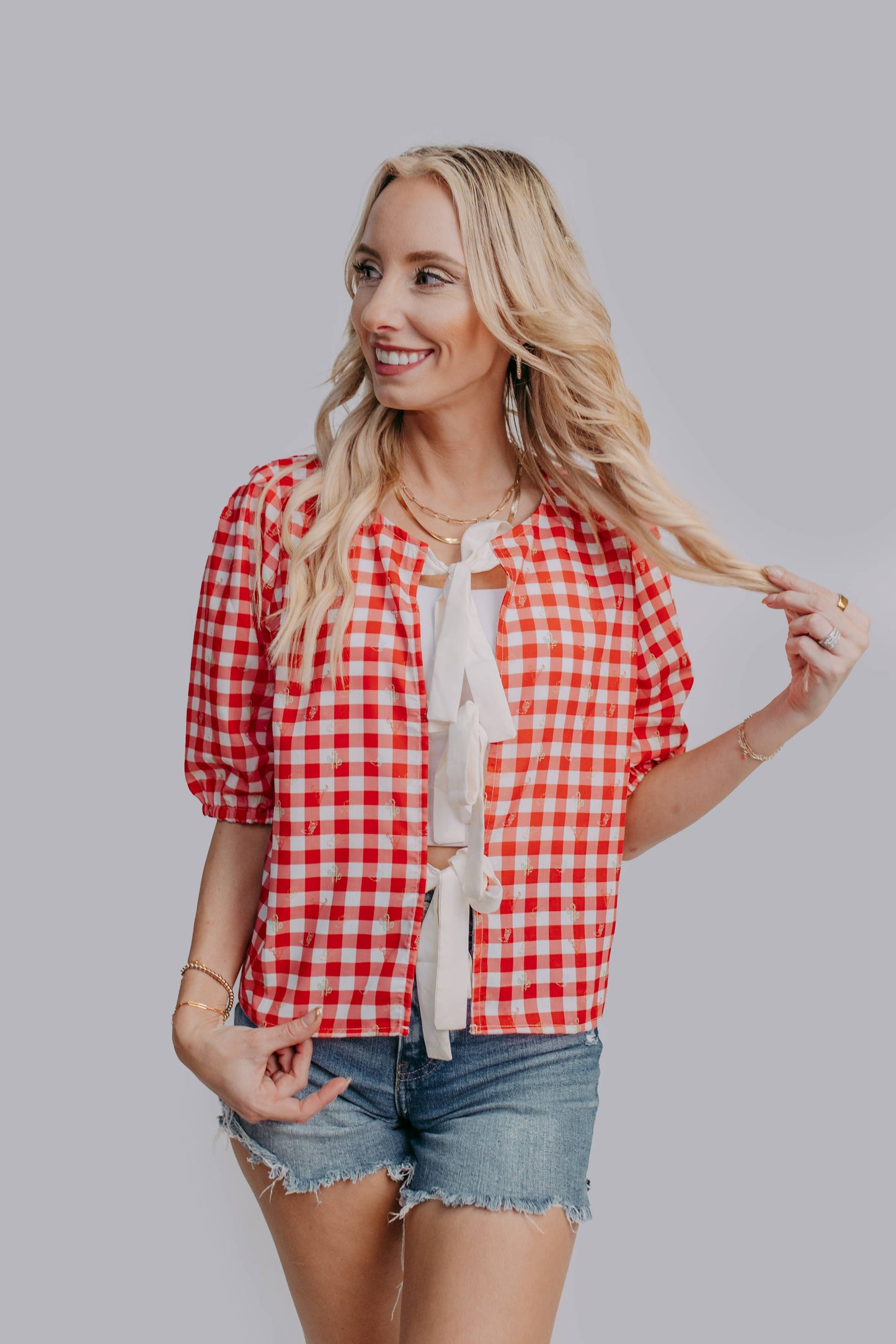 Plaid Front Tie Blouse: Red Plaid