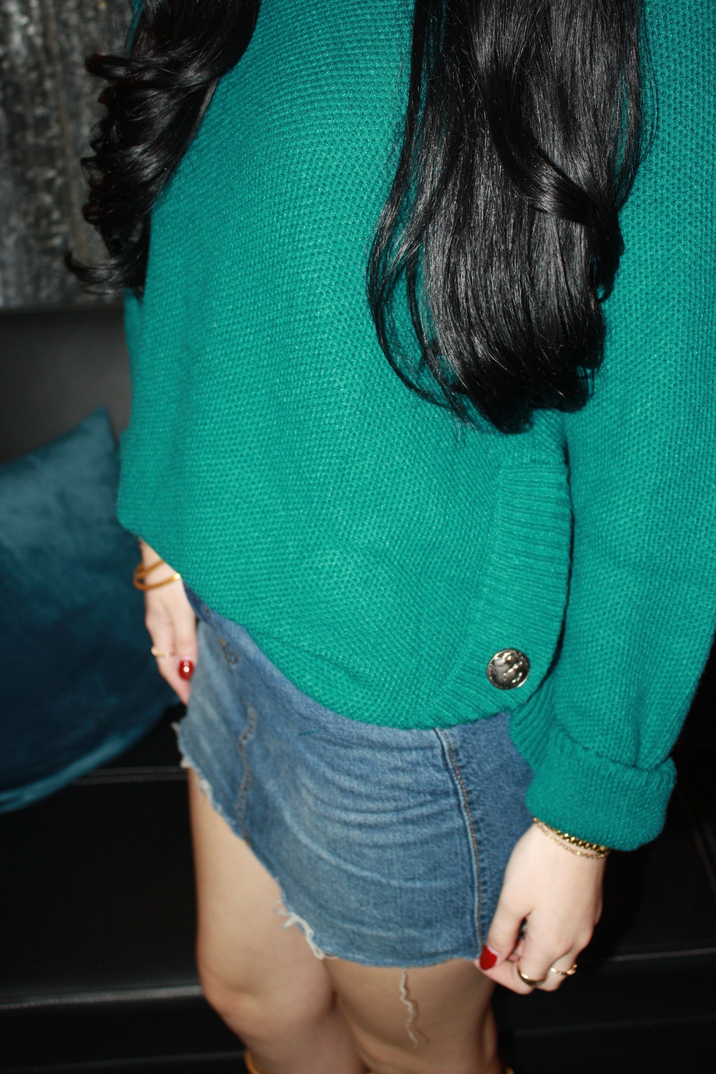 Jade Knitted Round Hem Sweater Button Detail