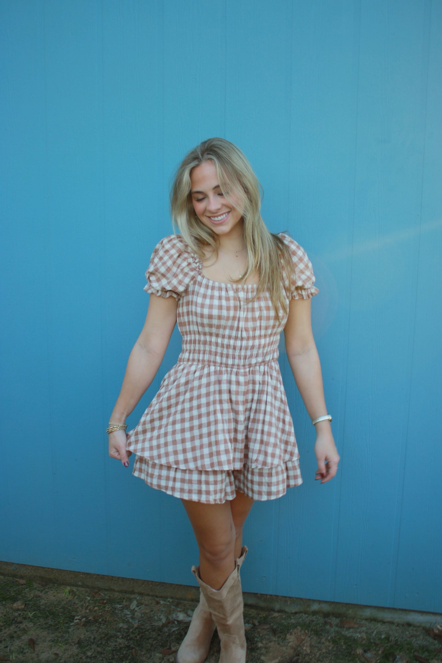 GINGHAM PRINT PUFF SLEEVE ROMPER