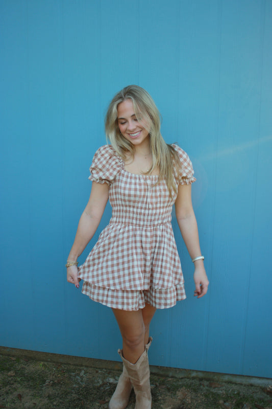 GINGHAM PRINT PUFF SLEEVE ROMPER