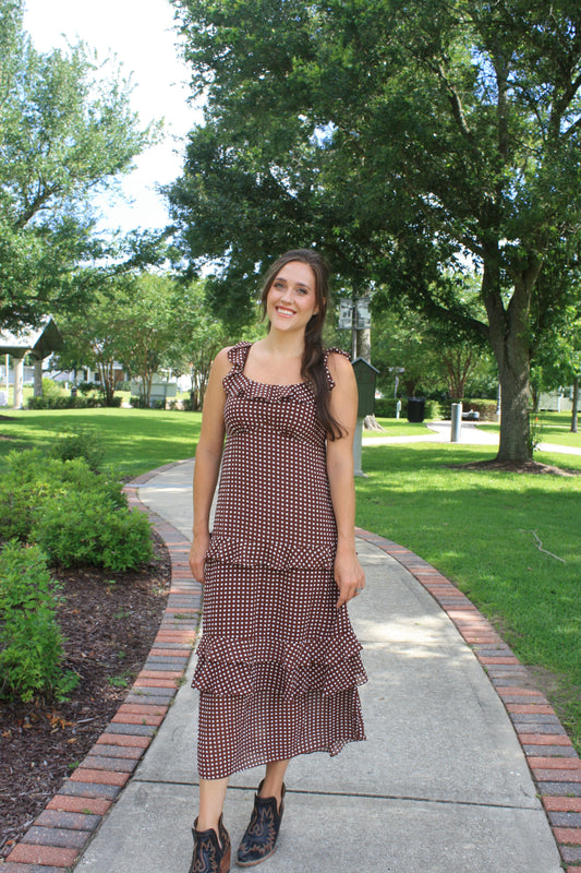 Irene Coffee Polka Dot  Dress