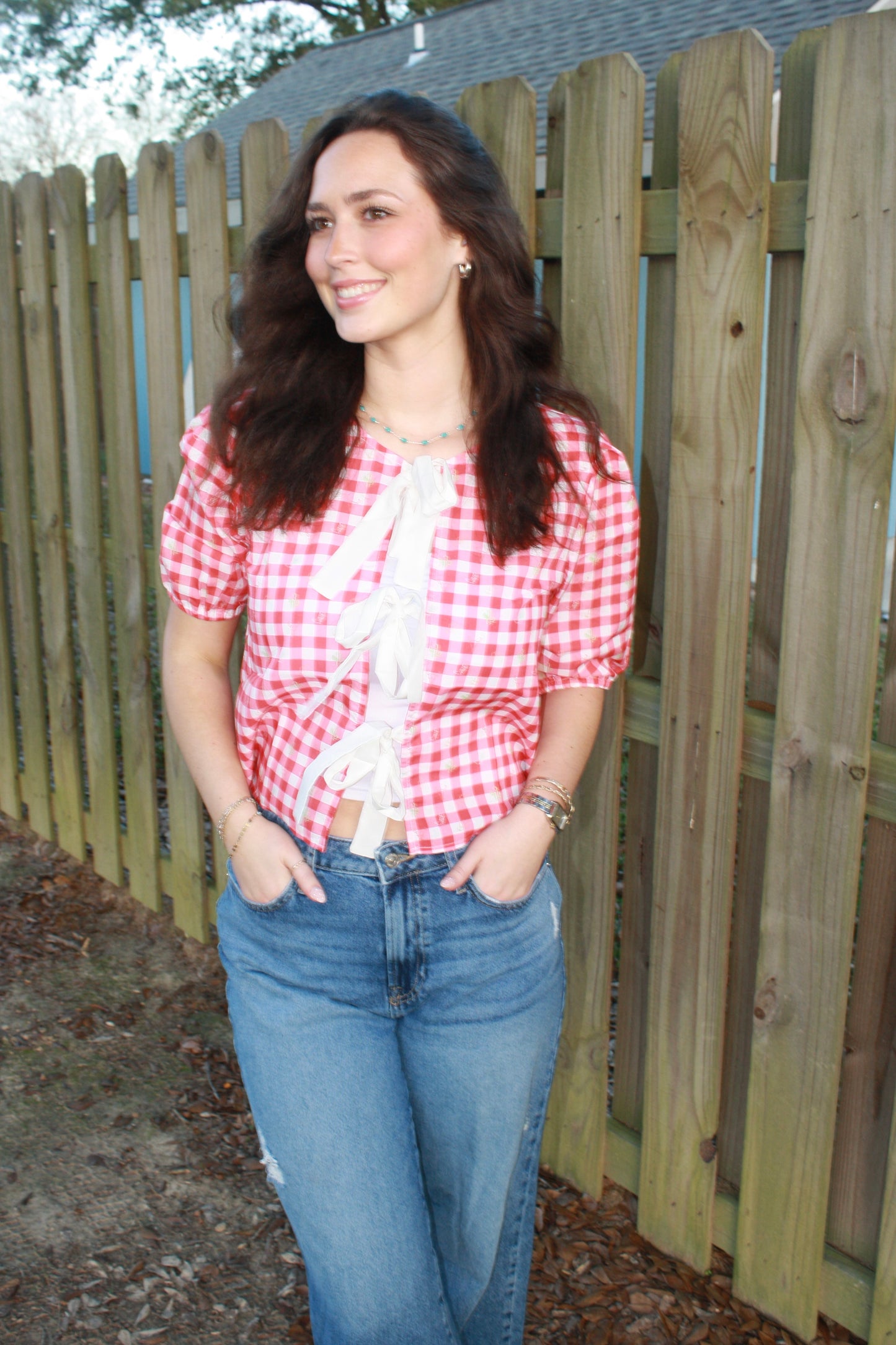 Plaid Front Tie Blouse: Red Plaid