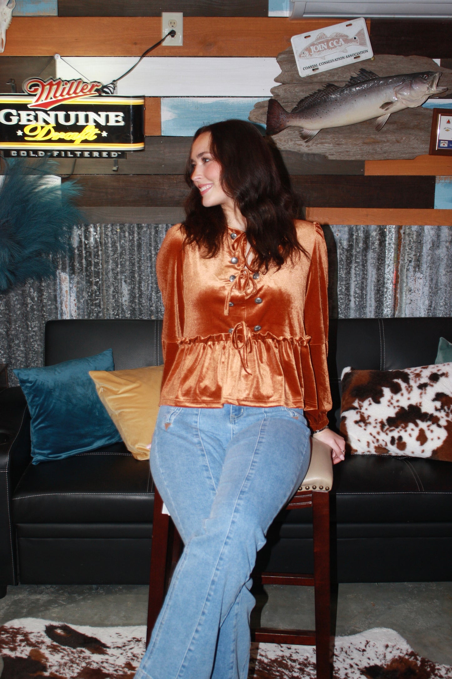 Rust velvet long sleeve peplum top, bow ties & conchos