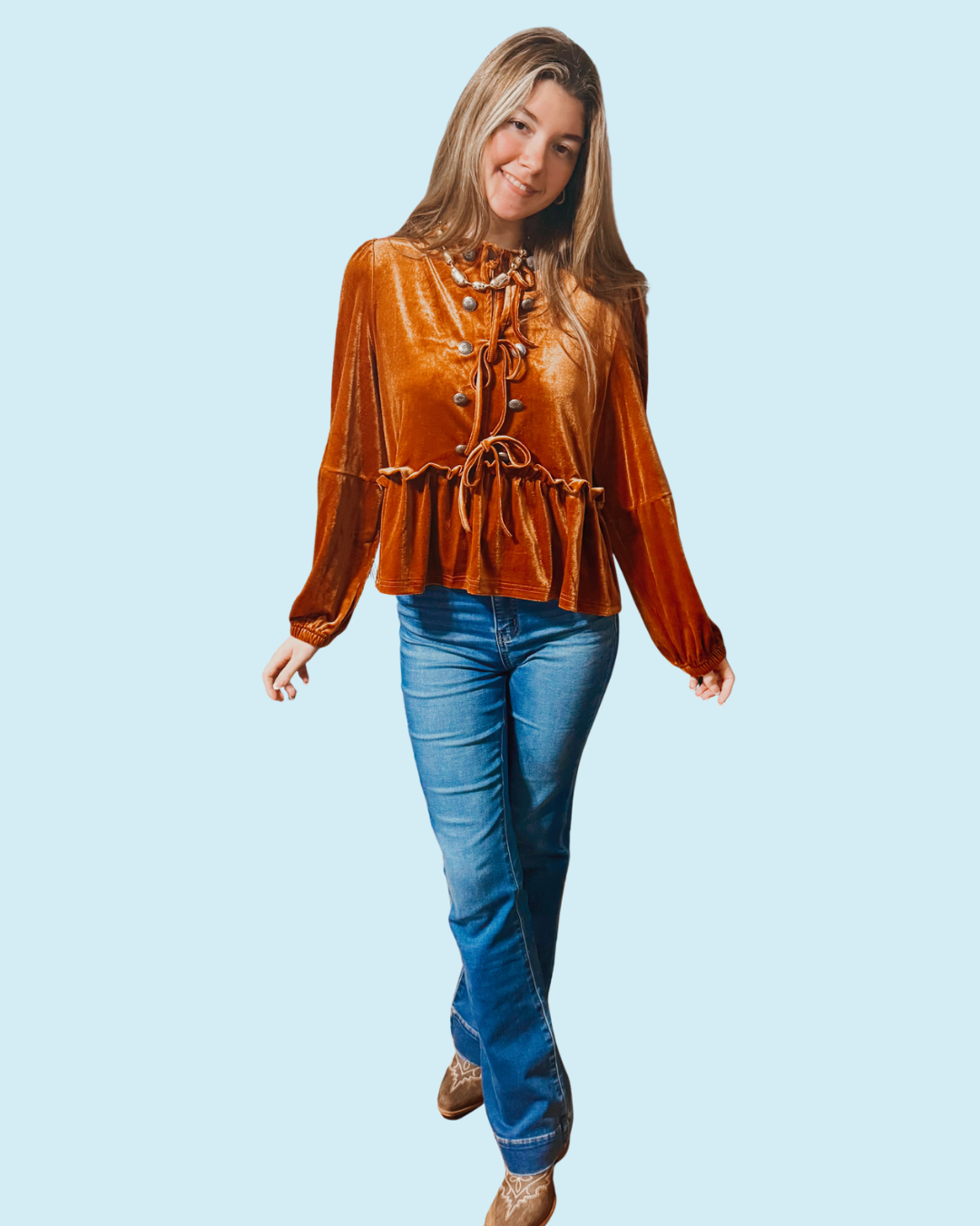 Rust velvet long sleeve peplum top, bow ties & conchos