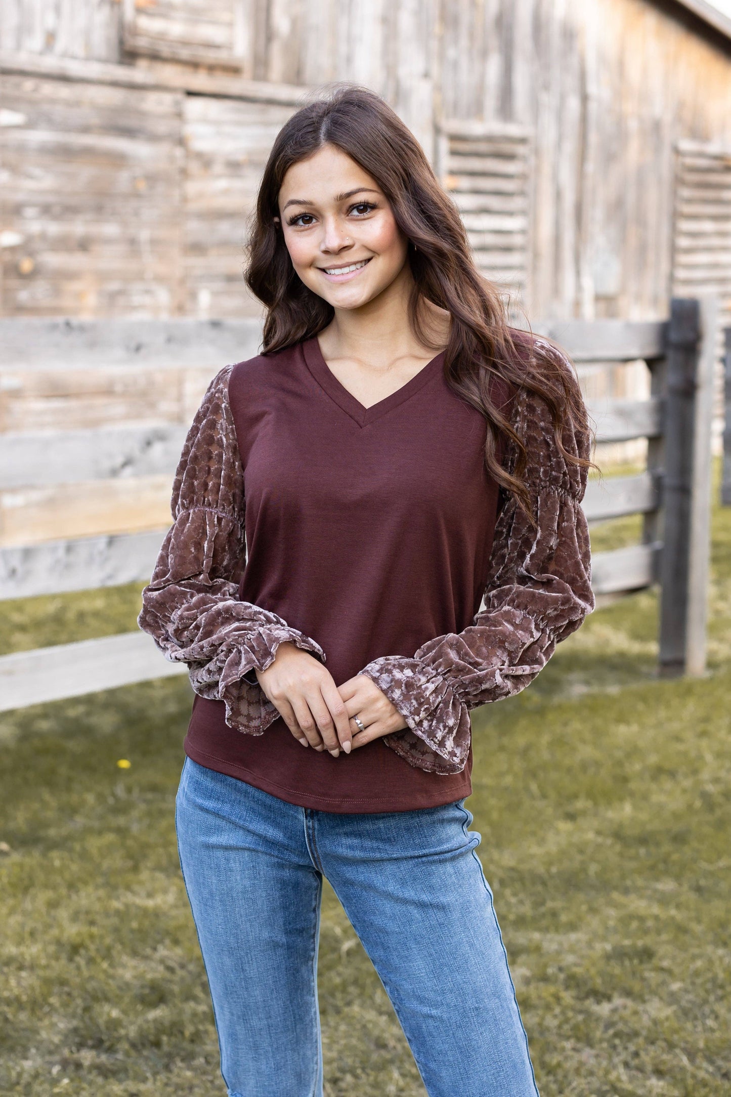 Brown Top With Burnout Velvet Sleeves