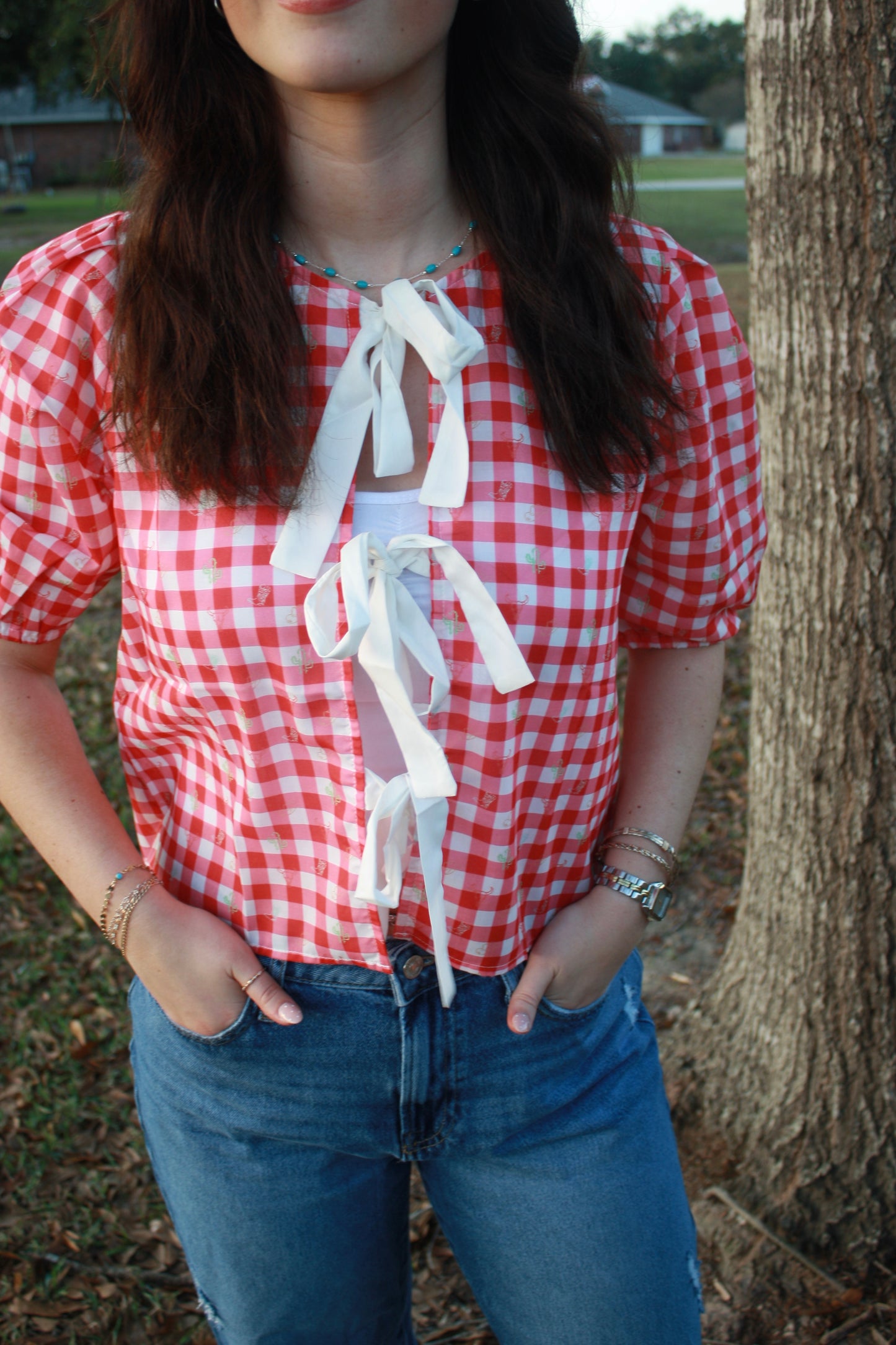 Plaid Front Tie Blouse: Red Plaid