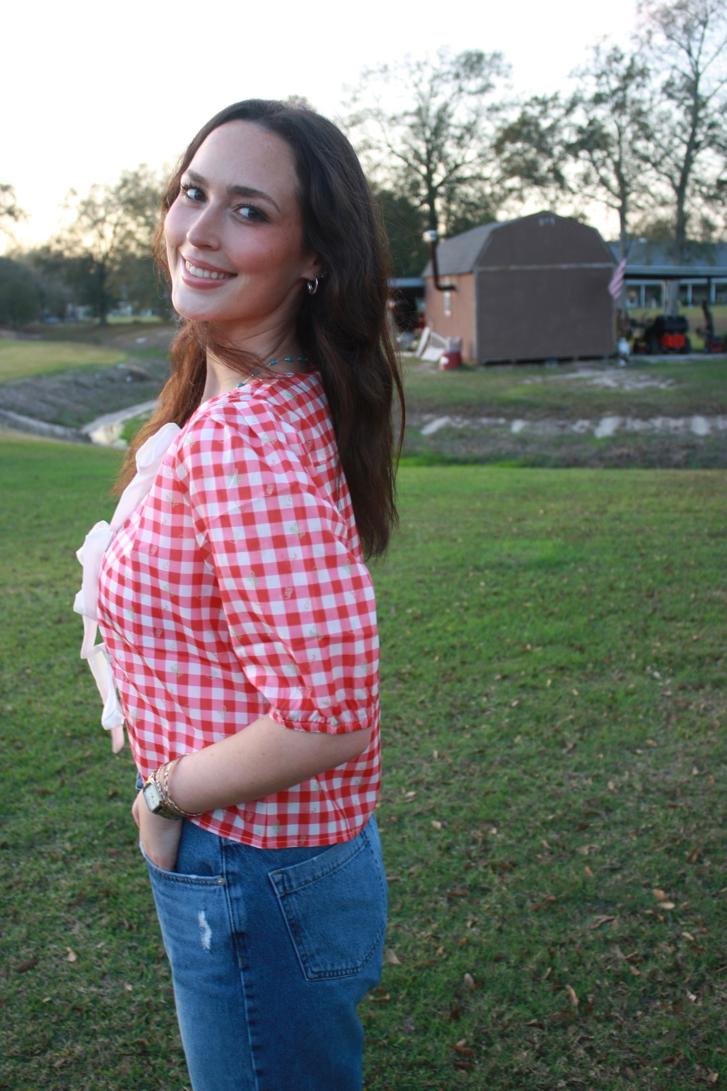 Plaid Front Tie Blouse: Red Plaid