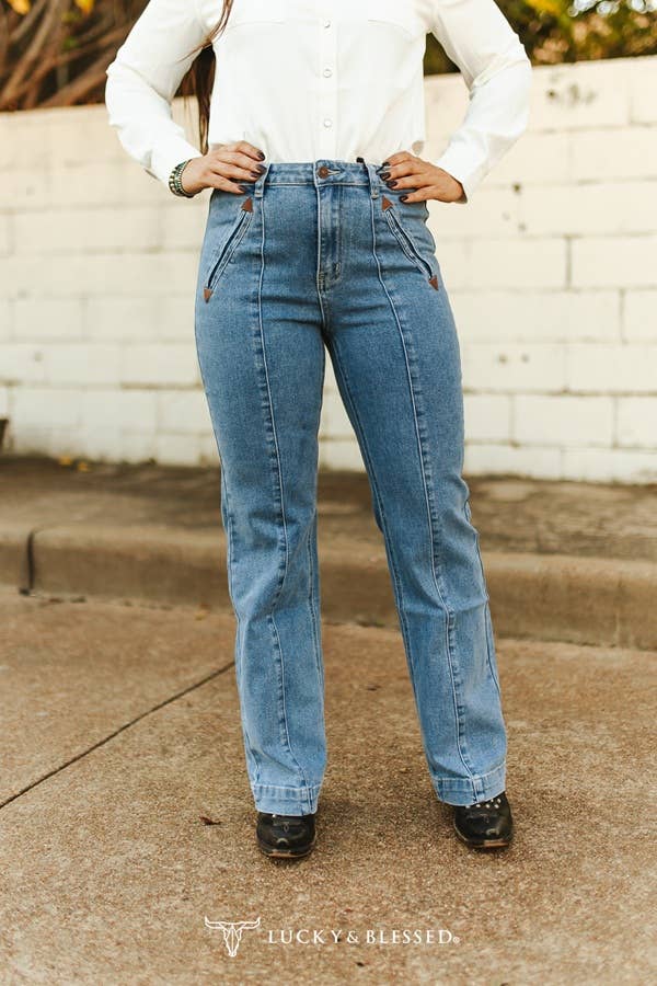 Mid Wash High Rise Crease Wide Leg Trouser Jeans