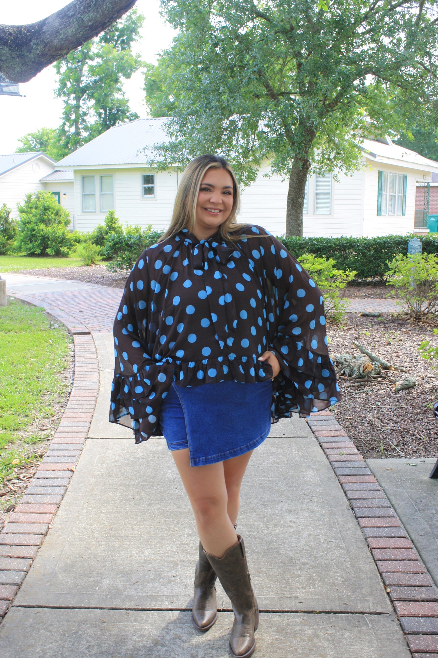 Plus Polka Dot Sheer Chiffon Ruffle Blouse