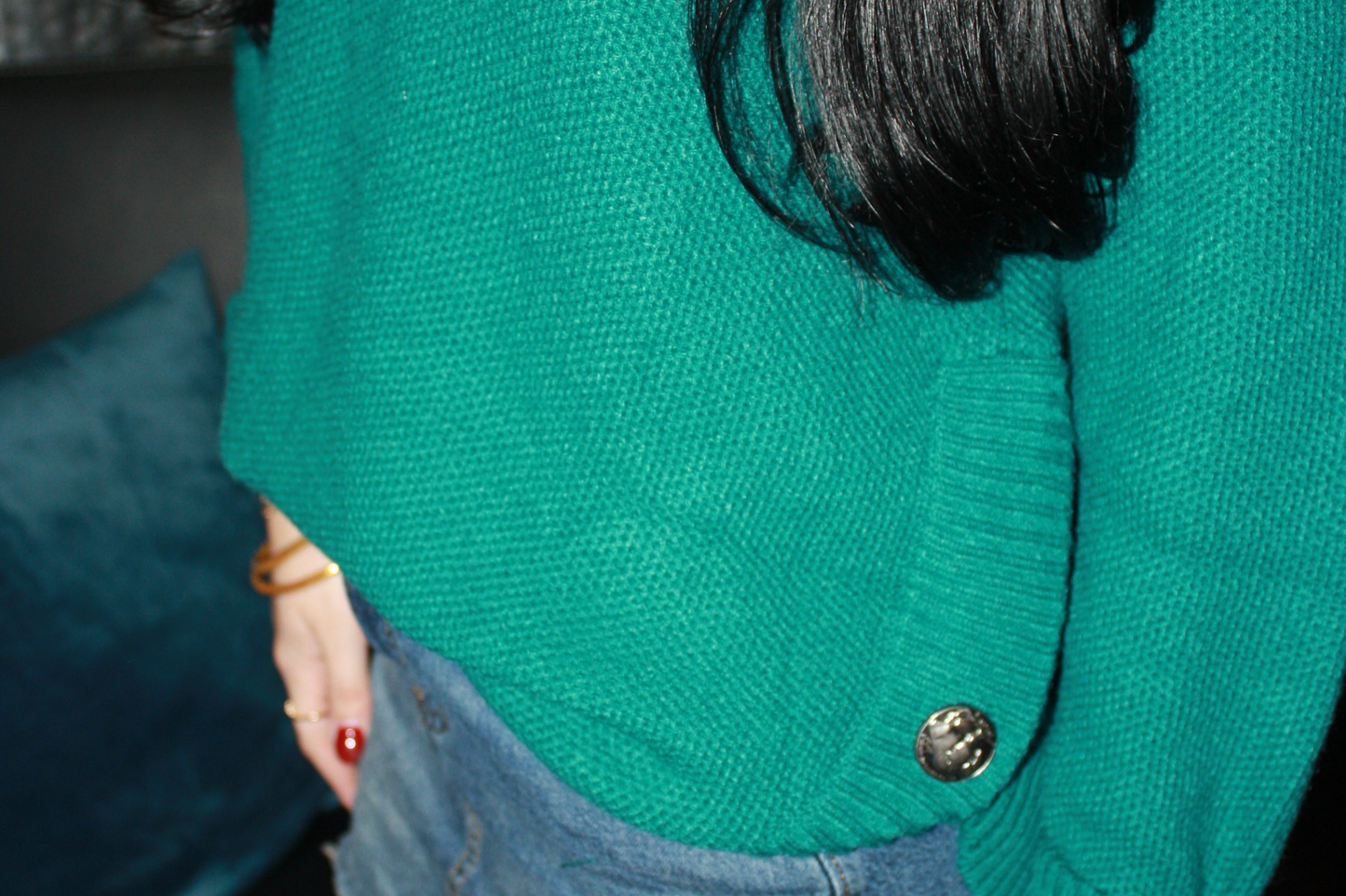 Jade Knitted Round Hem Sweater Button Detail
