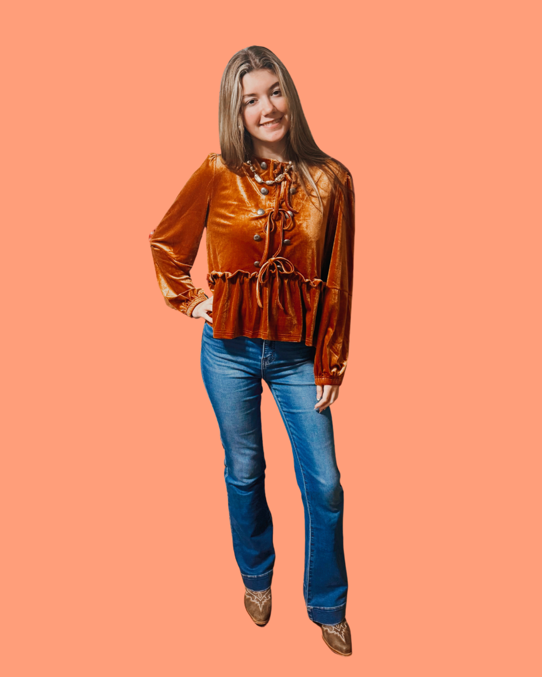 Rust velvet long sleeve peplum top, bow ties & conchos
