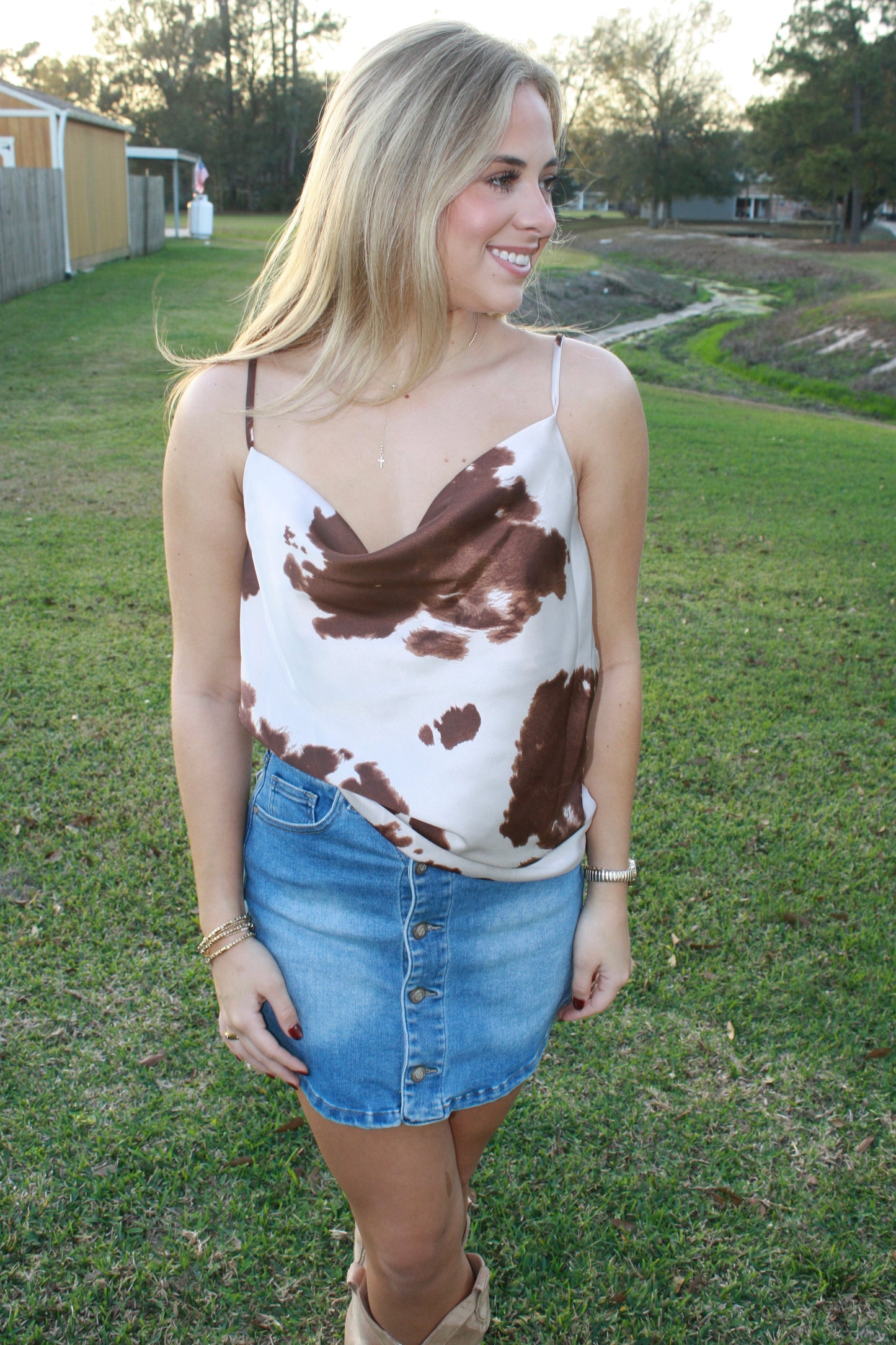 Western Cow Print Satin Top