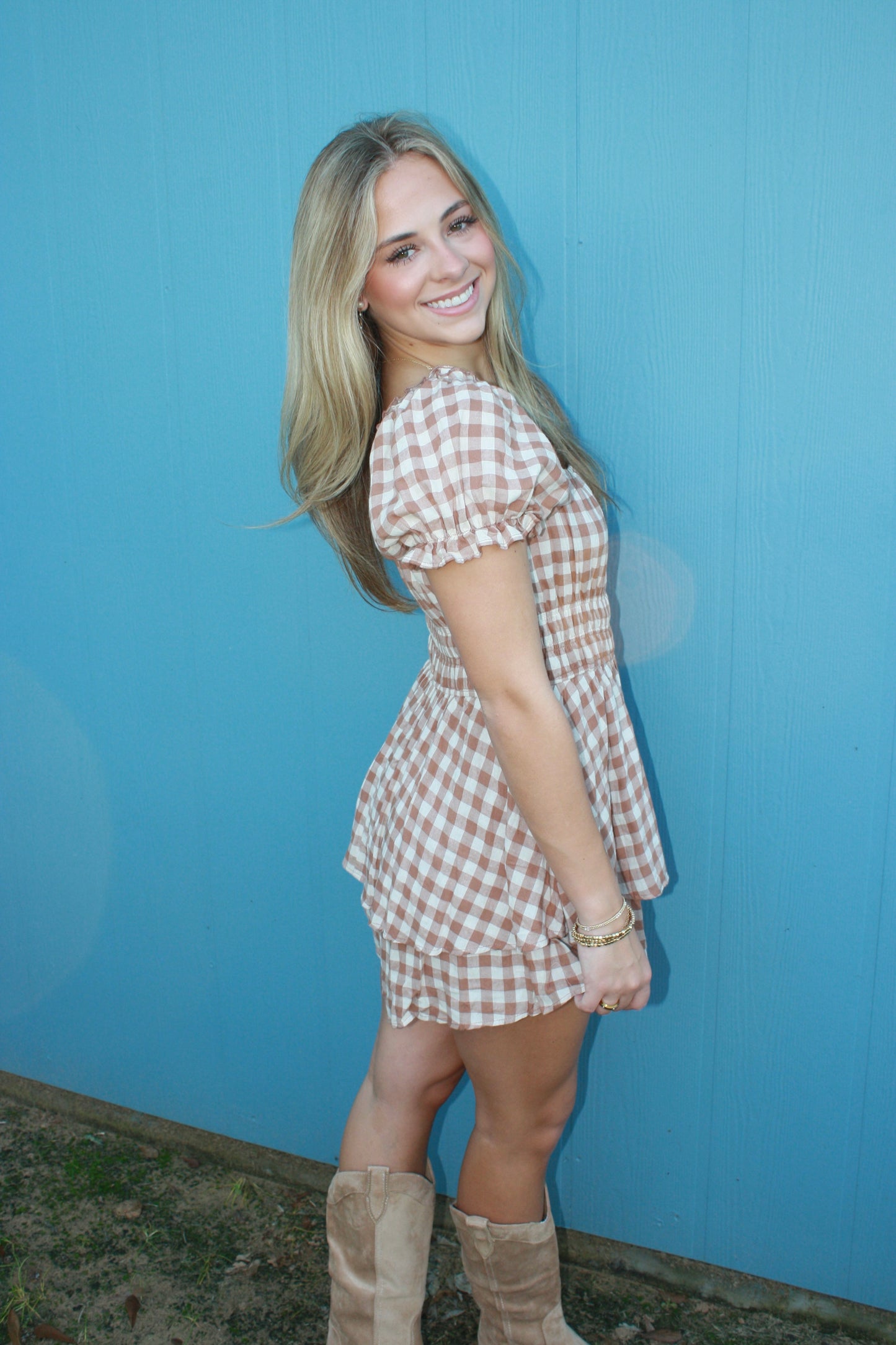 GINGHAM PRINT PUFF SLEEVE ROMPER