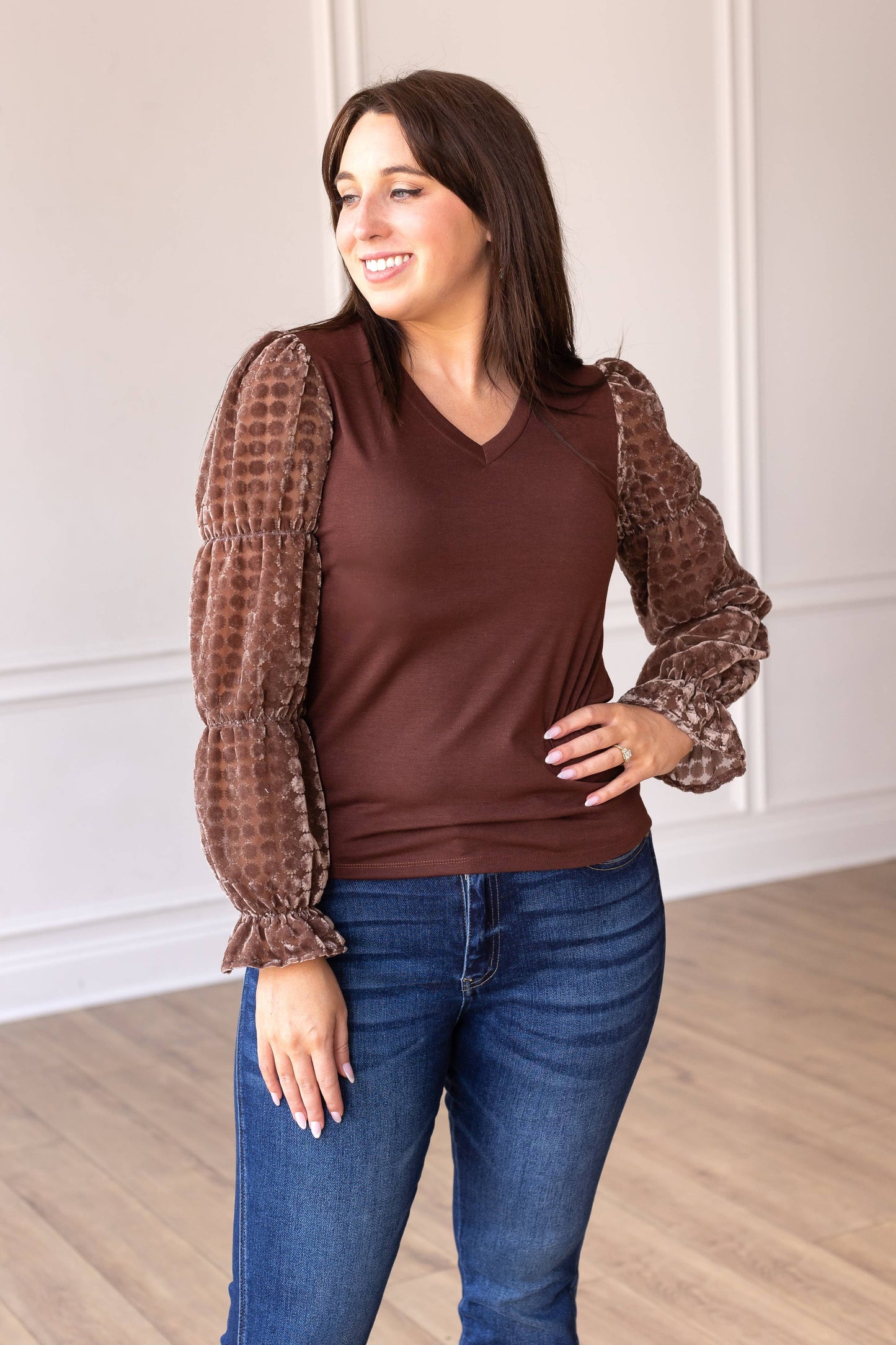 Brown Top With Burnout Velvet Sleeves