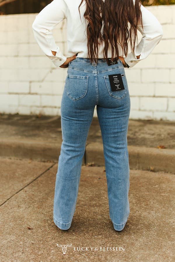 Mid Wash High Rise Crease Wide Leg Trouser Jeans