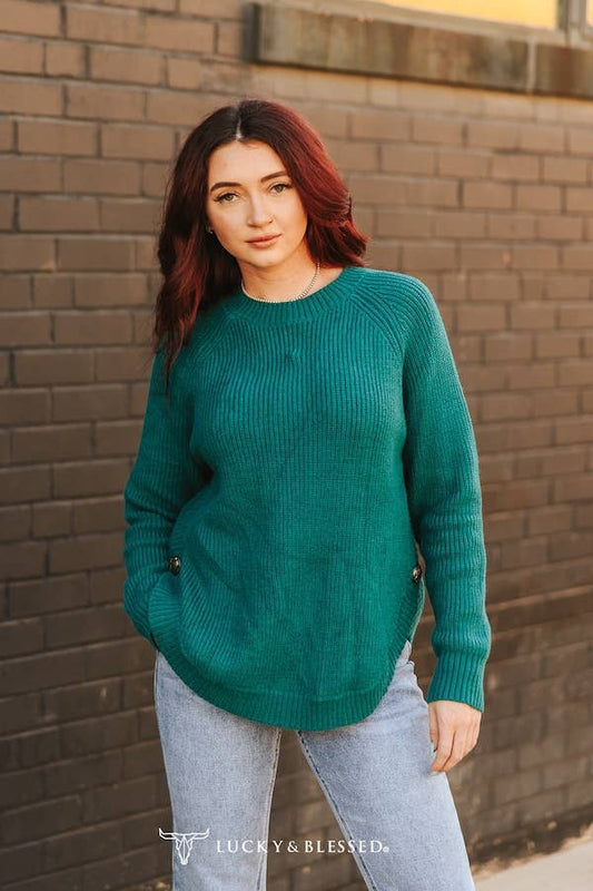 Plus Jade Knitted Round Hem Sweater Button Detail
