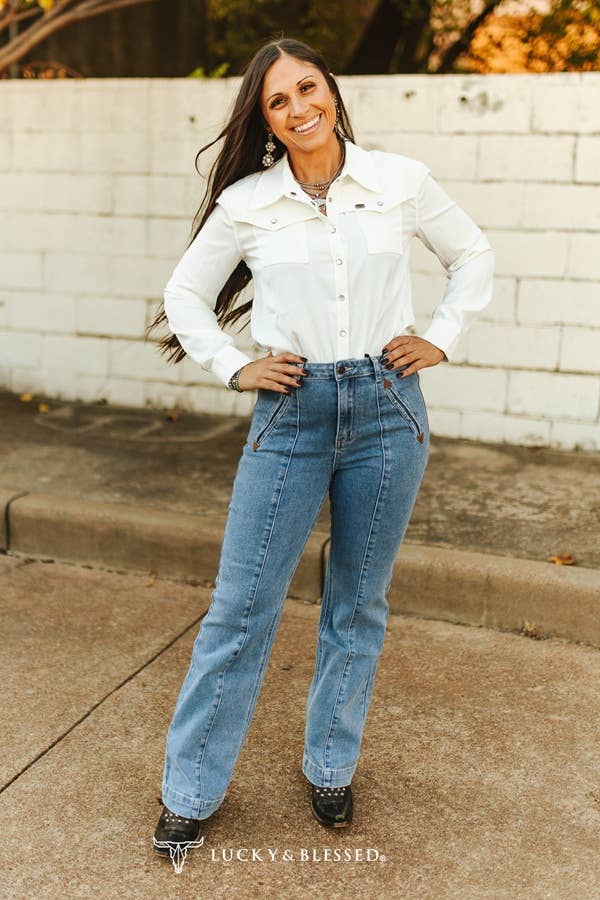 Plus Size Mid Wash High Rise Crease Wide Leg Trouser Jeans